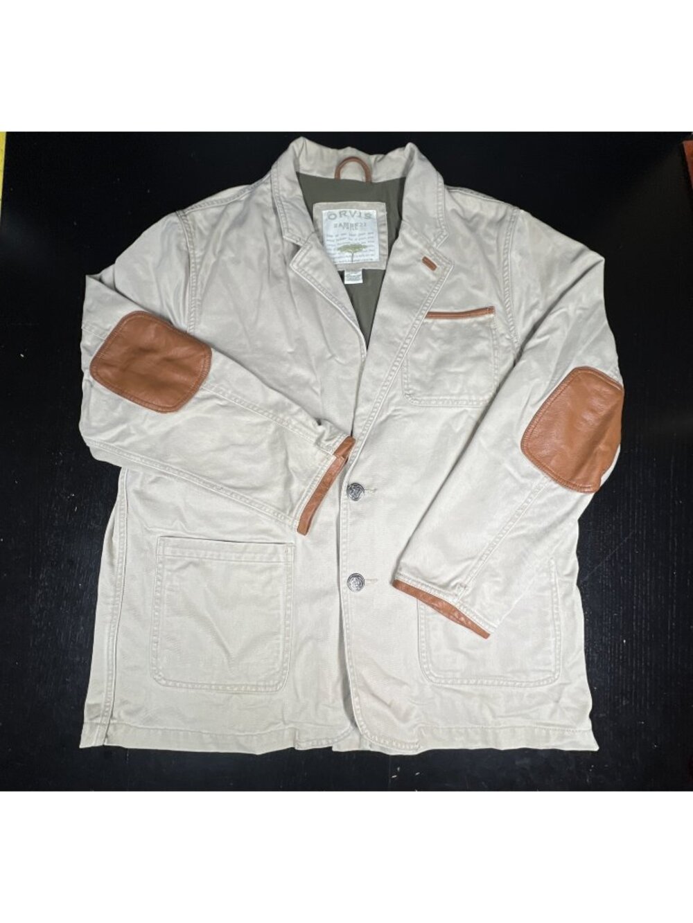 Vintage Orvis Zambezi Safari Jacket Mens 44 Tan Twill Leather Trim Hunting
